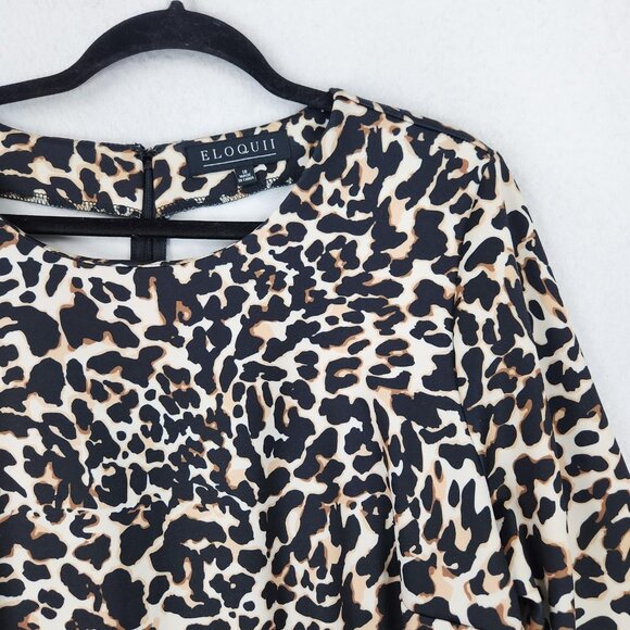 Eloquii Dress Womens 18 Black Tan Leopard Print Bell Sleeve Sheath Knee Length - Picture 2 of 12